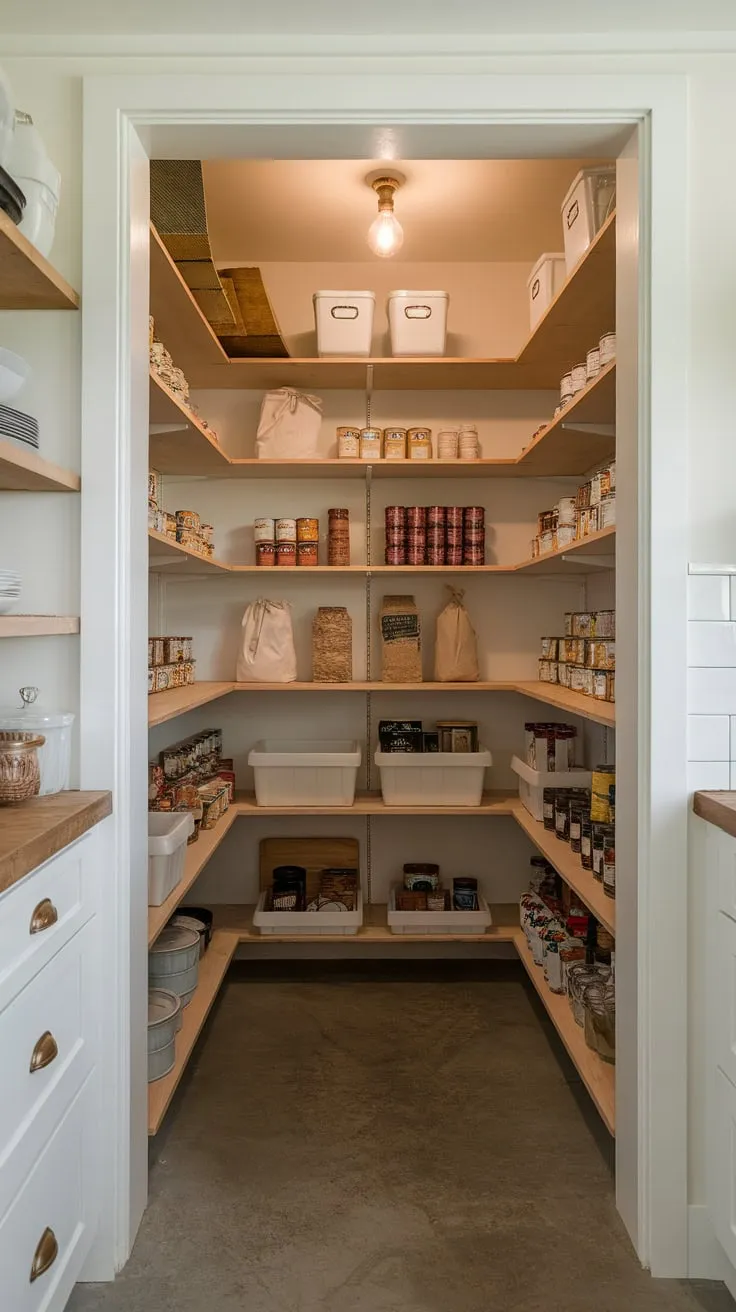 Rustic wooden shelves and a simple bulb illuminate a functional walk-in pantry filled with neatly stored pantry staples in a farmhouse kitchen.