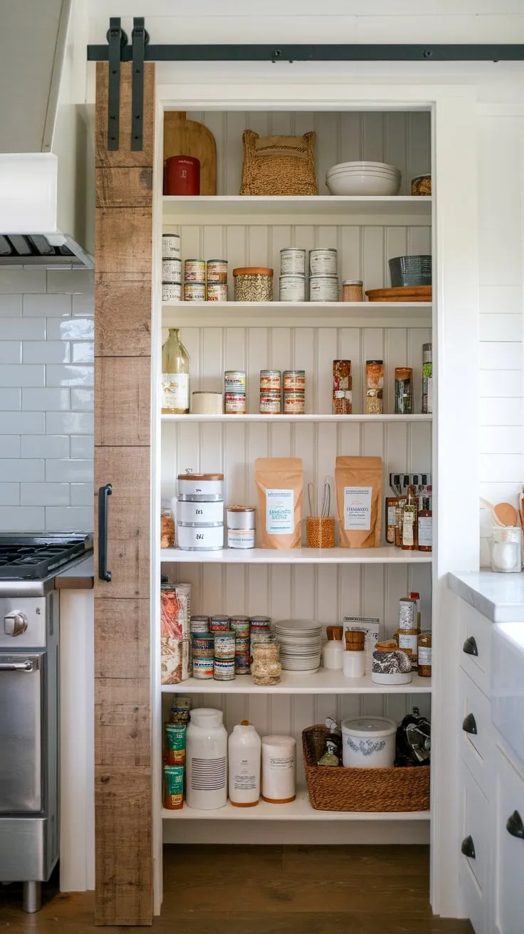 Step into a spacious walk-in pantry showcasing farmhouse charm, its open shelves stocked with jars, cans, and bags of culinary delights.