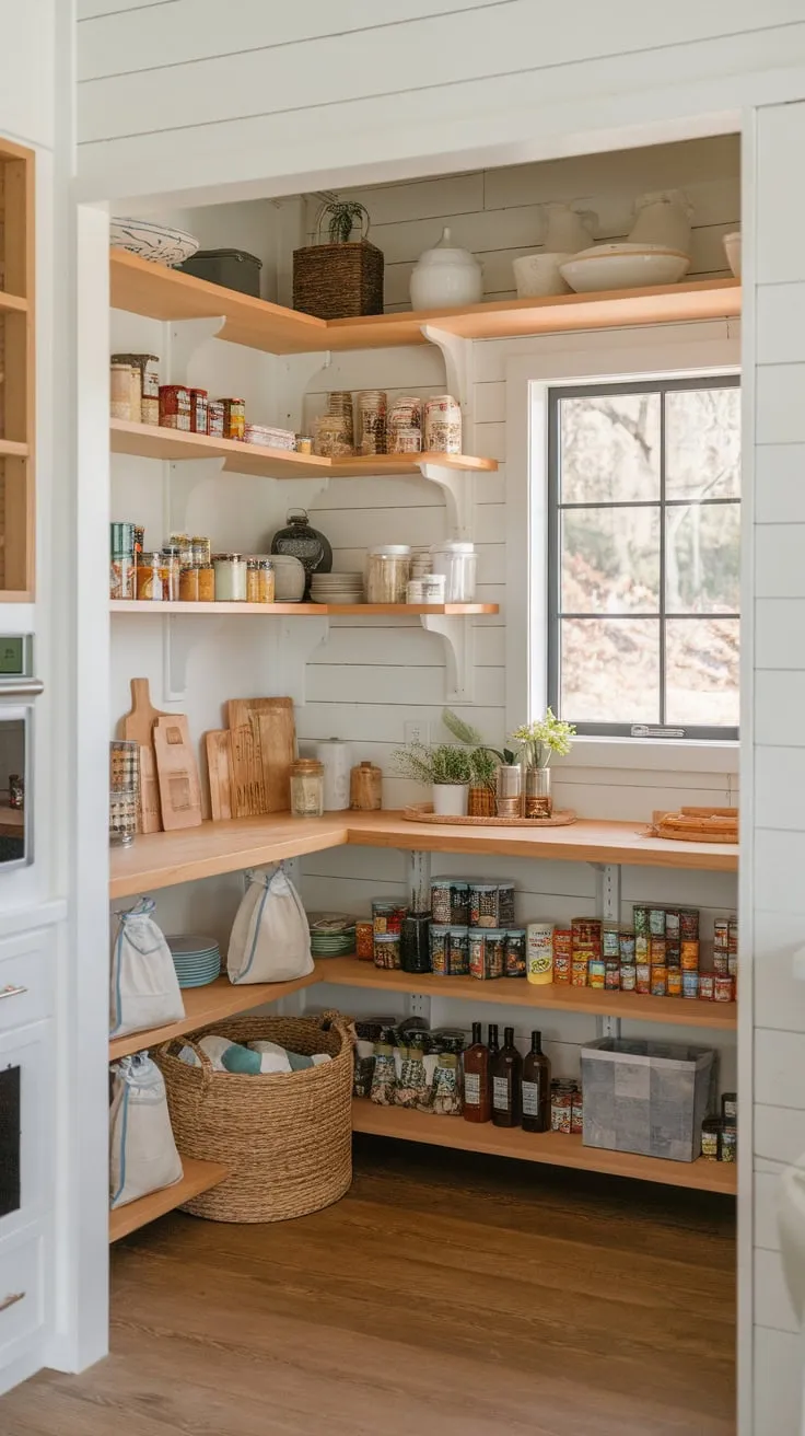 Sunlight streams into a charming walk-in pantry, perfectly blending rustic farmhouse style with modern kitchen organization.