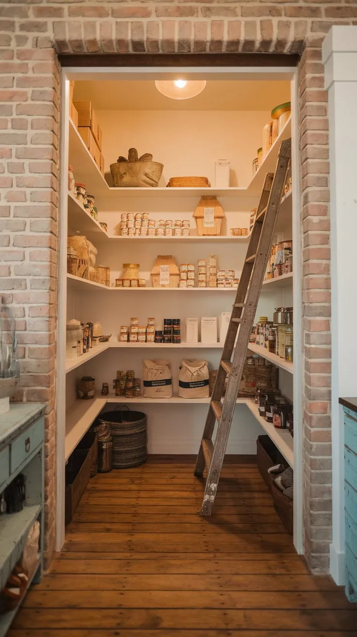 A rustic farmhouse walk-in pantry boasts exposed brick, wooden floors, and overflowing shelves of goods, enhanced by warm lighting and a vintage ladder.