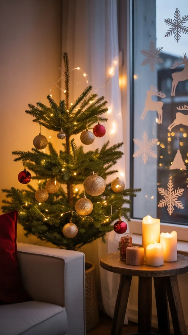 Candlelit Christmas Nook with a Twinkling Gold and Crimson Fir