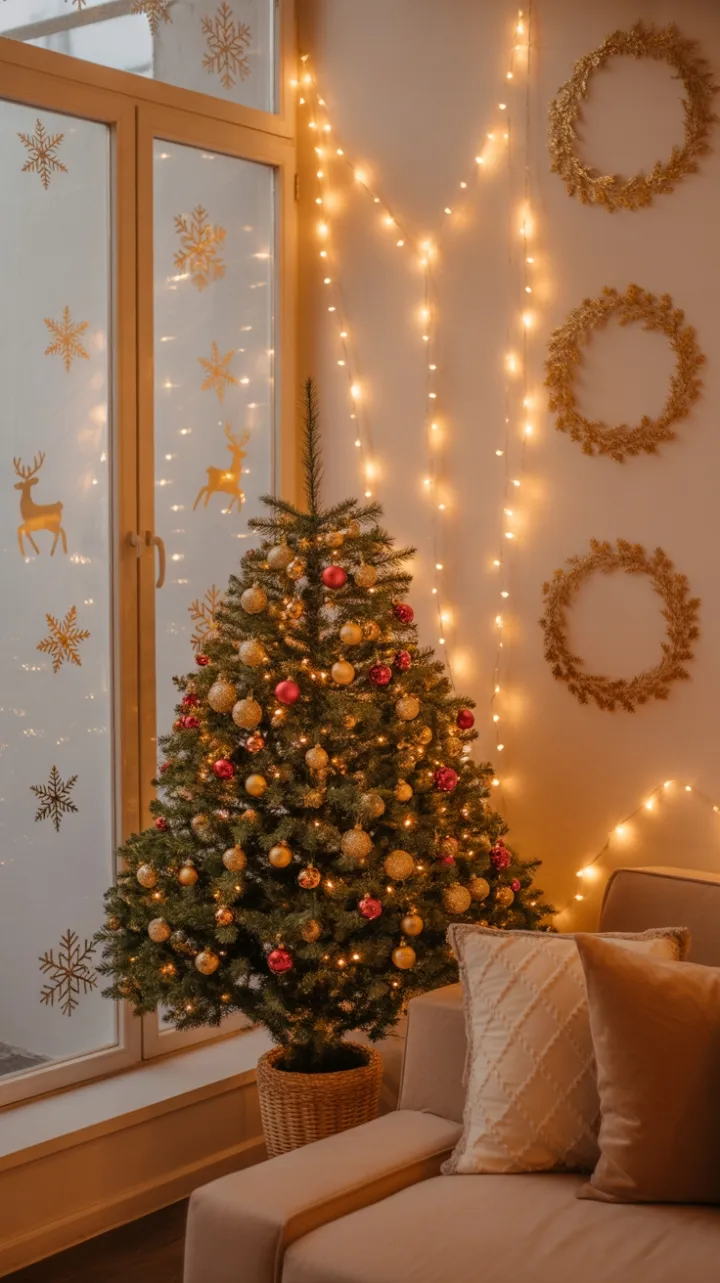 Cozy Christmas Corner with Twinkling Lights and Minimalist Gold