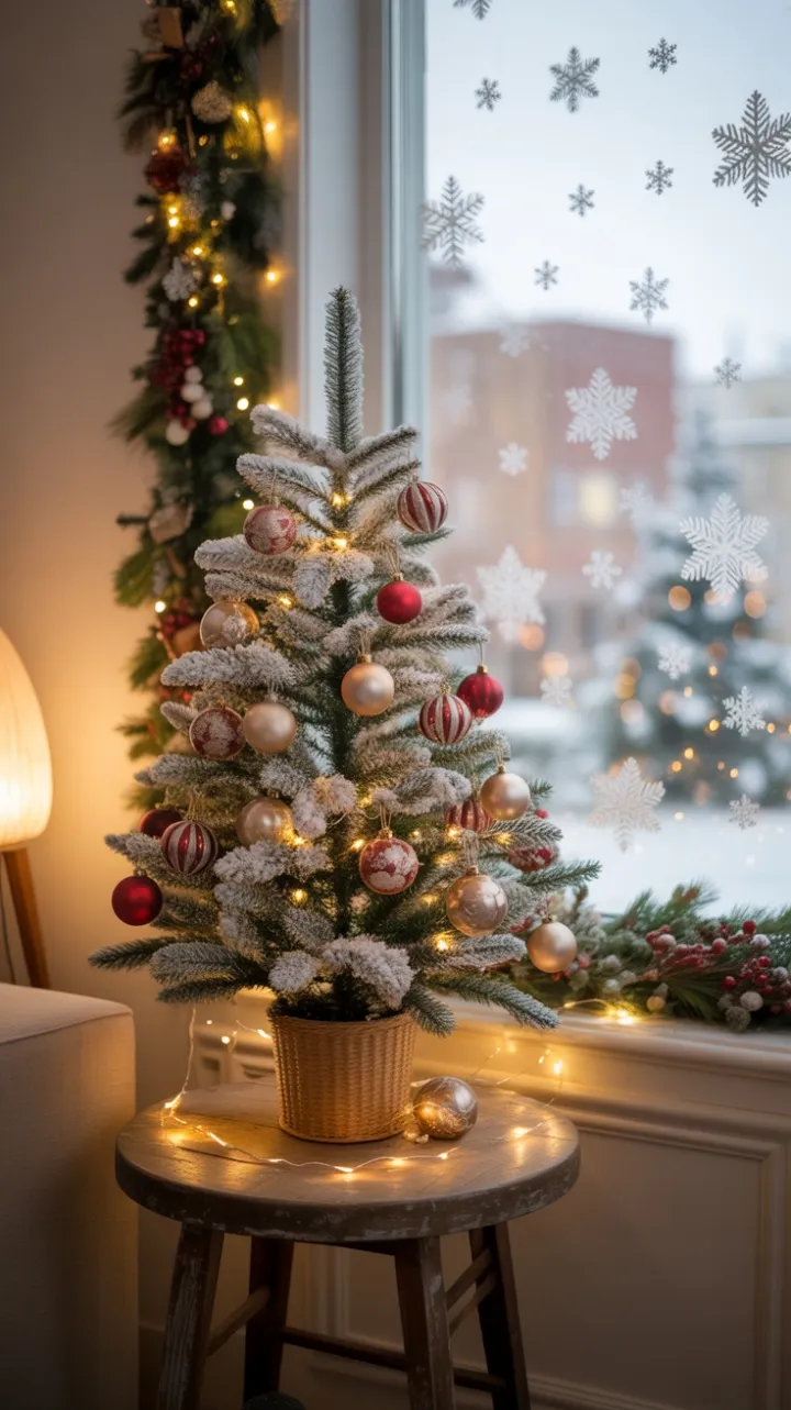 Warm Glow of a Flocked Fir with Vintage Ornaments and a Snow‑Kissed City View