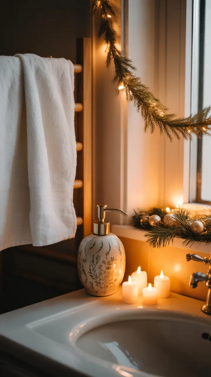 Candlelit Christmas Bathroom with Pine Scent and Golden Garland
