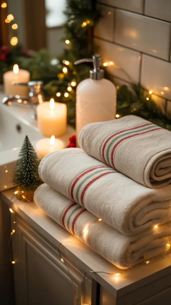 Cozy Christmas Retreat with Plush Plaid Towels and Twinkling Lights