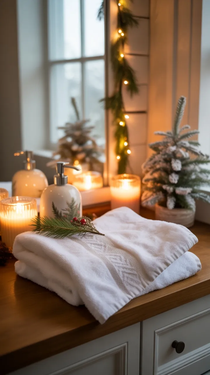 Candlelit Christmas Corner with Frosted Pine and Plush Towels