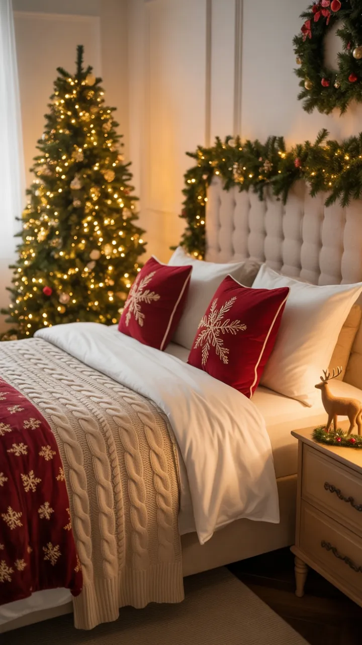 Ivory Christmas Retreat with Twinkling Lights and Gold Accents
