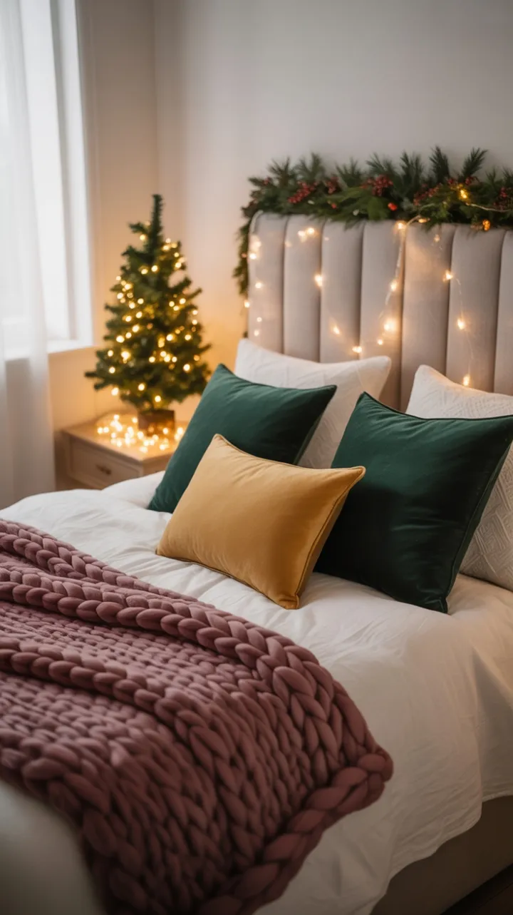 Cozy Christmas Retreat with Burgundy Knit, Velvet Pillows, and Fairy Lights