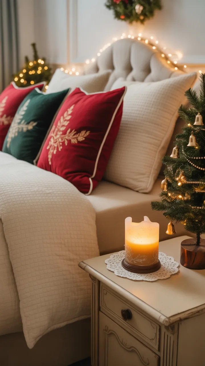 Warm Christmas Retreat with Cream Flannel, Gold-Embroidered Accents and Twinkling Lights