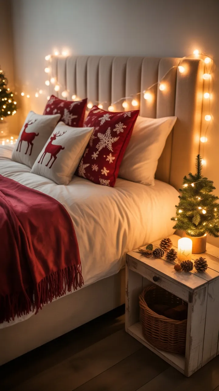 Cozy Christmas Retreat with Velvet Throw and Twinkling Lights