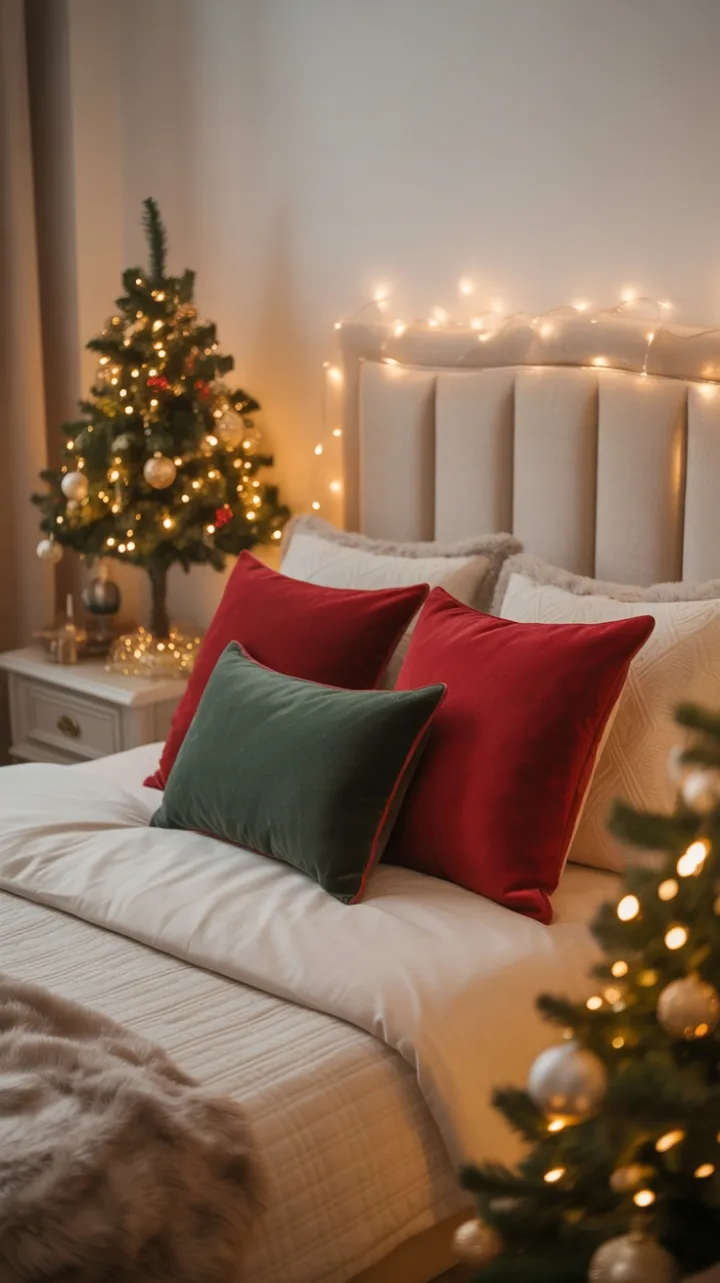 Velvet Pillows and Fairy Light Glow in a Cozy Christmas Bedroom