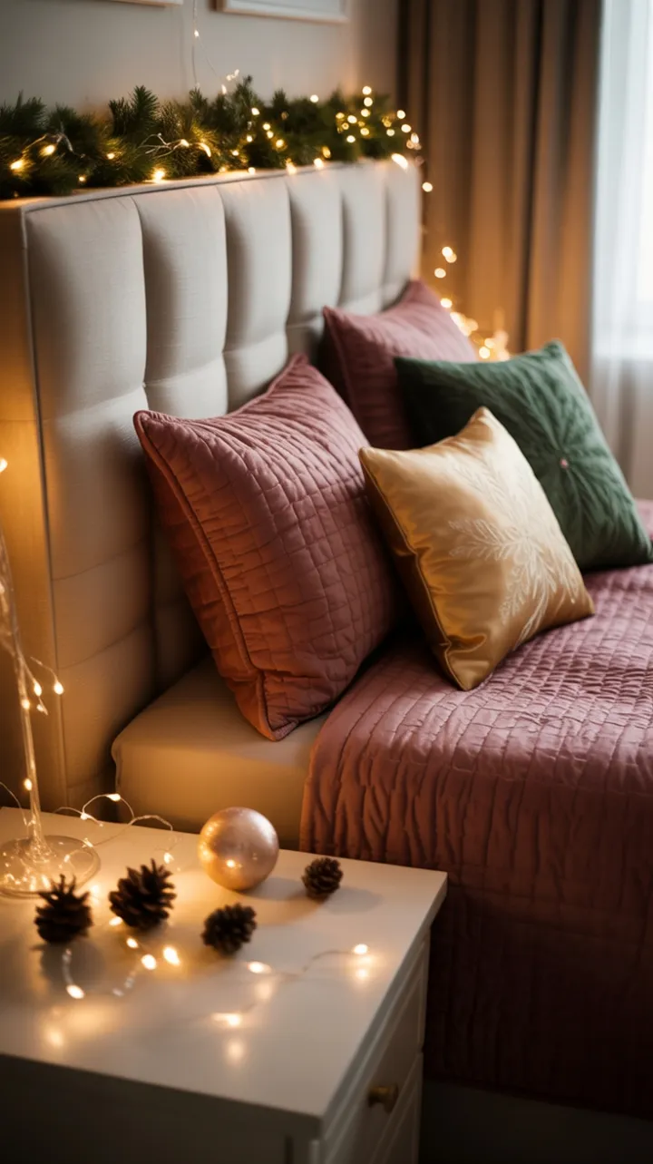 Twinkling Christmas Retreat with Ivory Bed and Burgundy Quilt