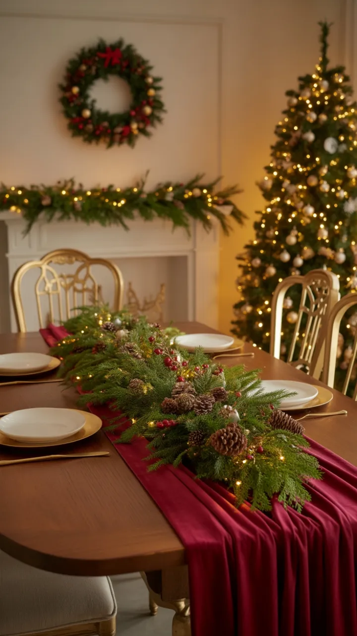 Crimson Velvet Holiday Table Bathed in a Golden Glow