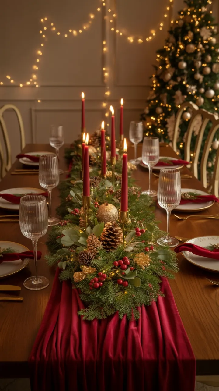 Cranberry Velvet Christmas Table Bathed in Golden Light