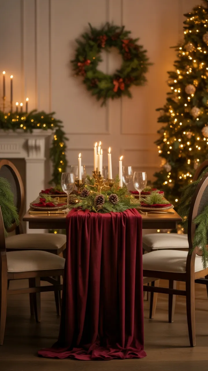 Candlelit Christmas Table in Burgundy Velvet with Gold Accents
