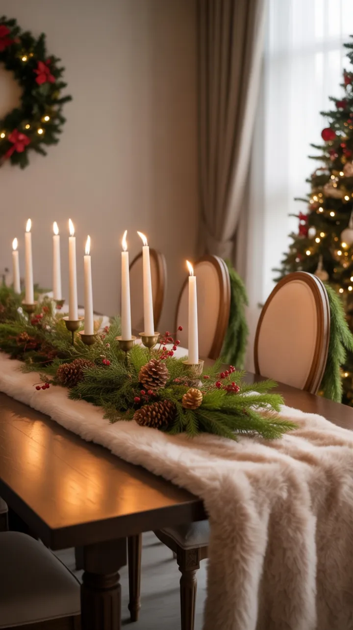 A Cozy Christmas Table Dressed in Evergreens and Candlelight