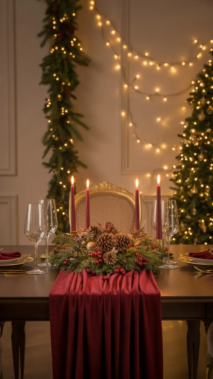 Burgundy Velvet Holiday Table Bathed in a Warm Christmas Glow
