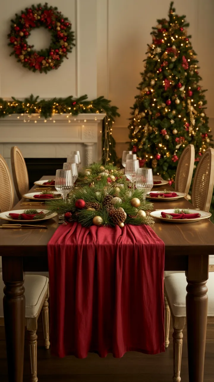 Crimson Holiday Feast with Twinkling Lights and Gold-Adorned Elegance