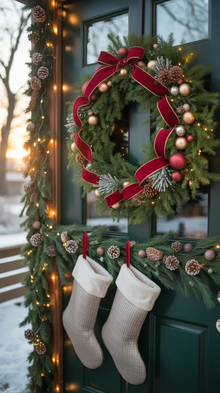 Sunlit Snow-Kissed Porch with Crimson Ribbon Wreath and Twinkling Lights