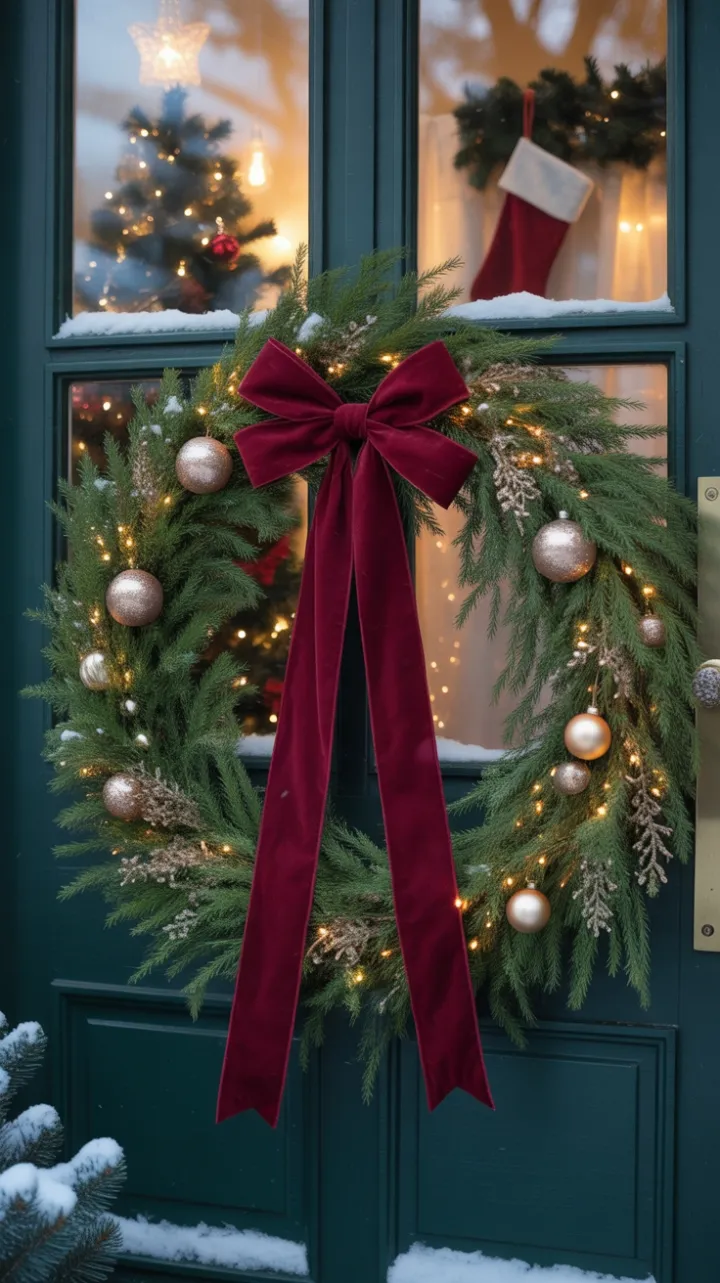 Velvet Bow and Twinkling Lights on a Snow-Dusted Holiday Door