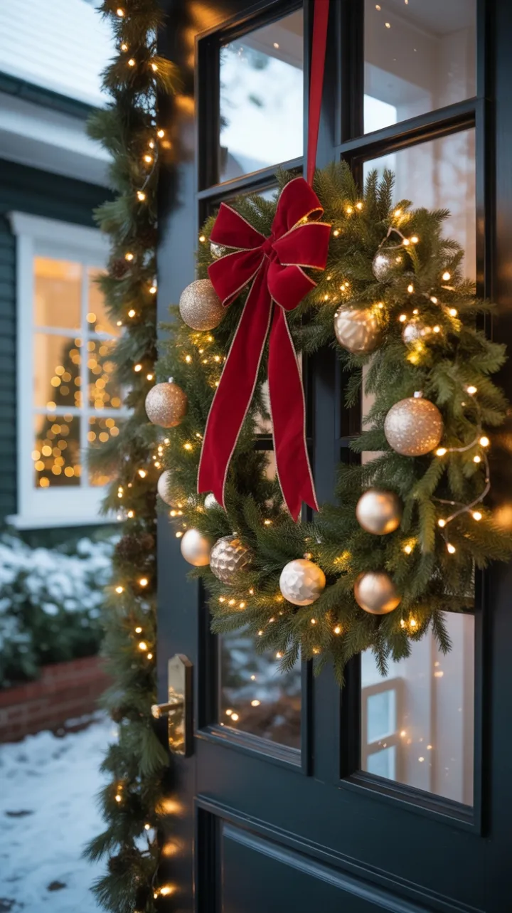 Snow-Kissed Welcome with Evergreen Wreath and Twinkling Lights