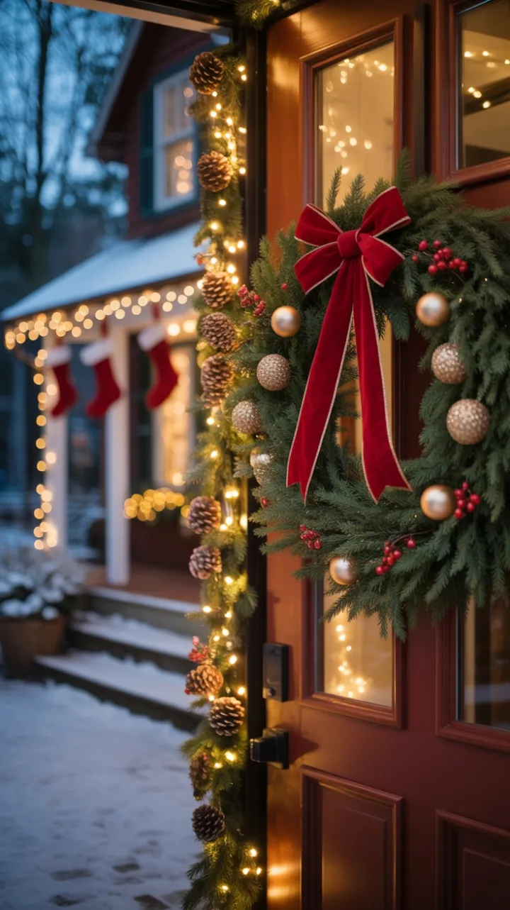 Snow-kissed porch with velvet bow, golden ornaments, and a warm Christmas welcome