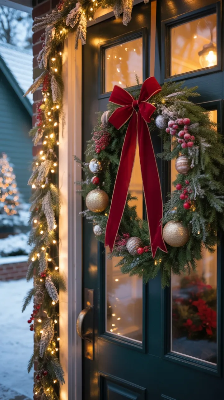Velvet Bow and Warm Lights – A Snowy Christmas Welcome