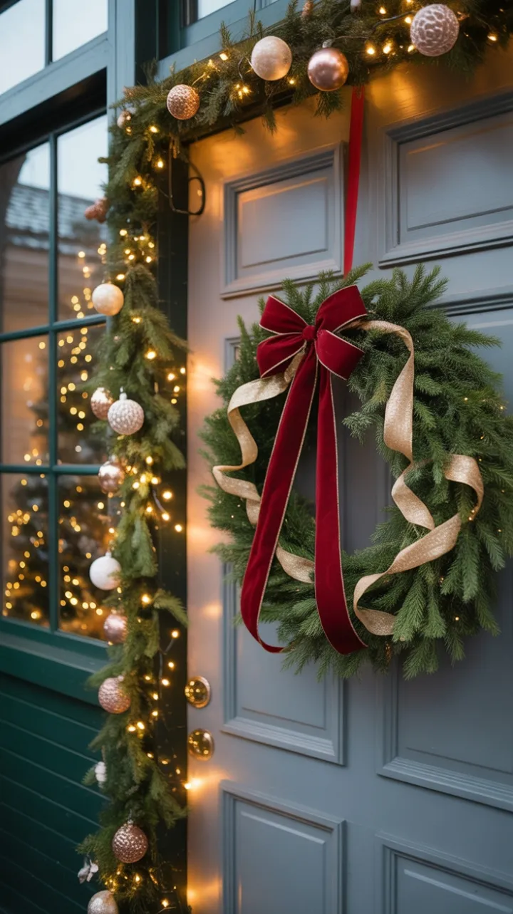 Snow‑Kissed Front Door Dressed in Velvet Red and Golden Lights