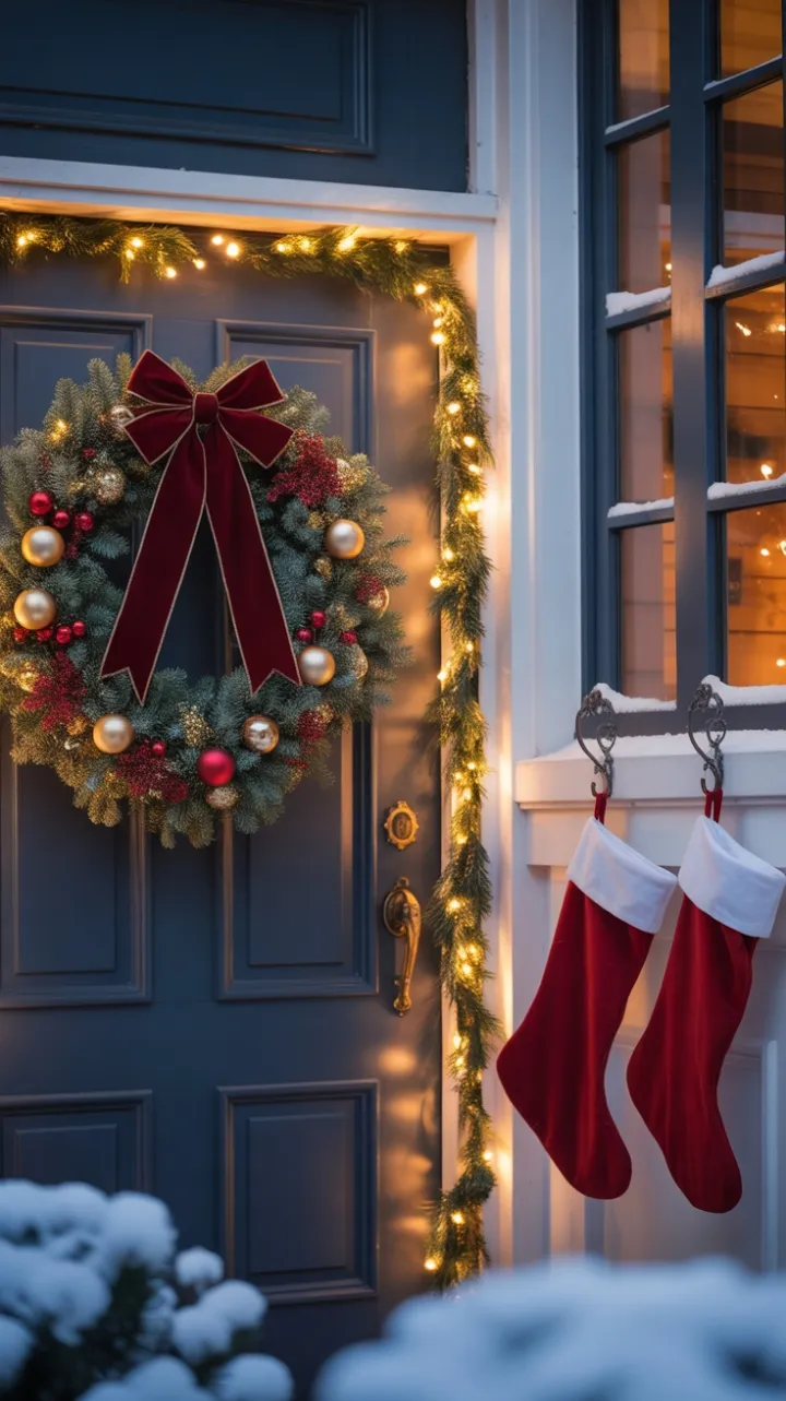 Snow-Kissed Welcome with Velvet Bow and Golden Lights