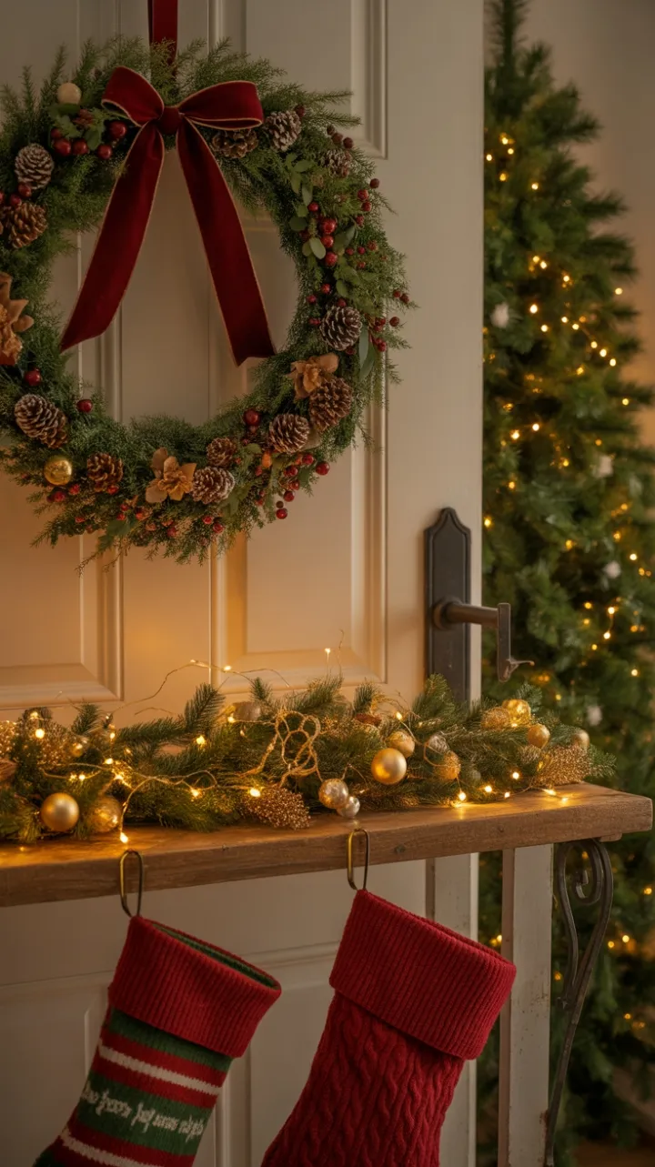 Warm Holiday Welcome with Wreath, Twinkling Lights and Cozy Stockings
