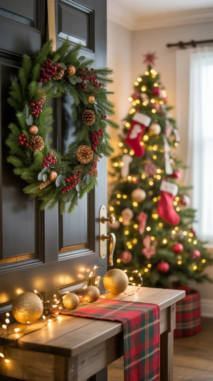 Twinkling Wreath and Plaid Doorstep Welcome Home for the Holidays