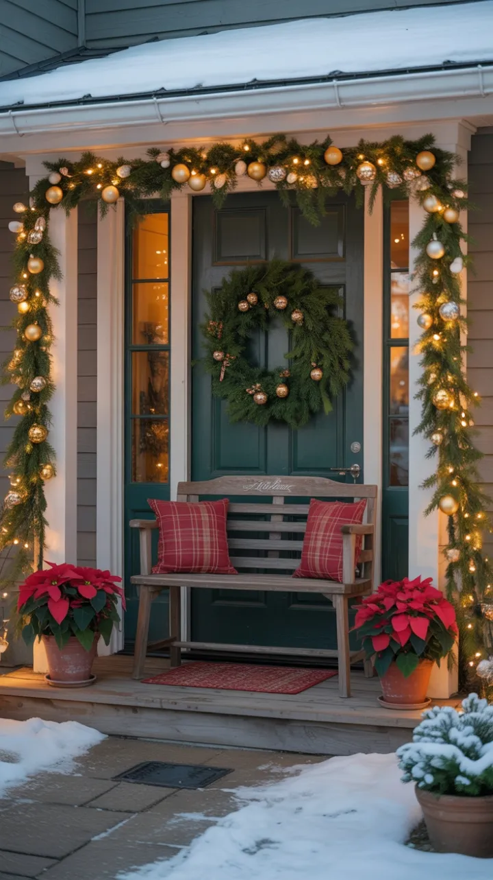 Snow-Kissed Porch with Twinkling Lights and Poinsettias