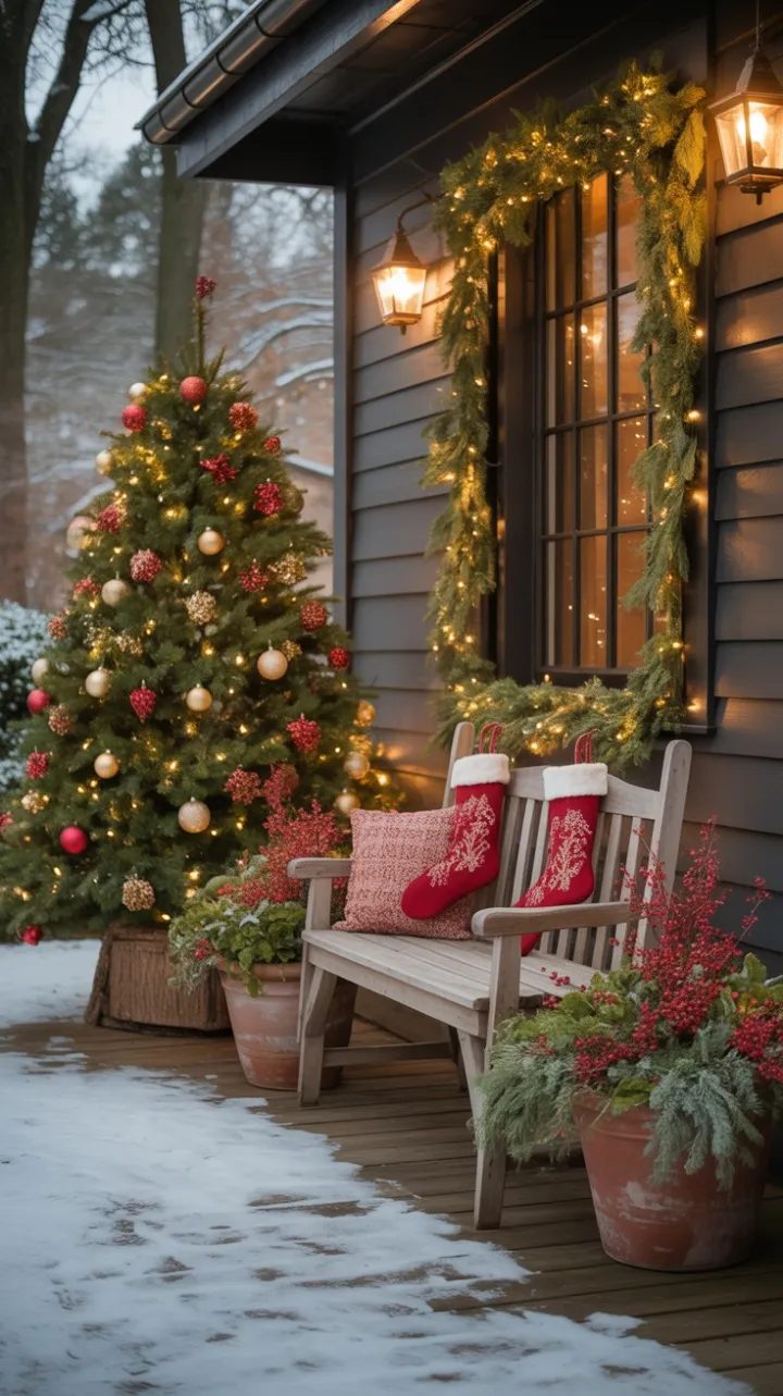 Snow-Kissed Christmas Porch Bathed in Warm Lantern Glow