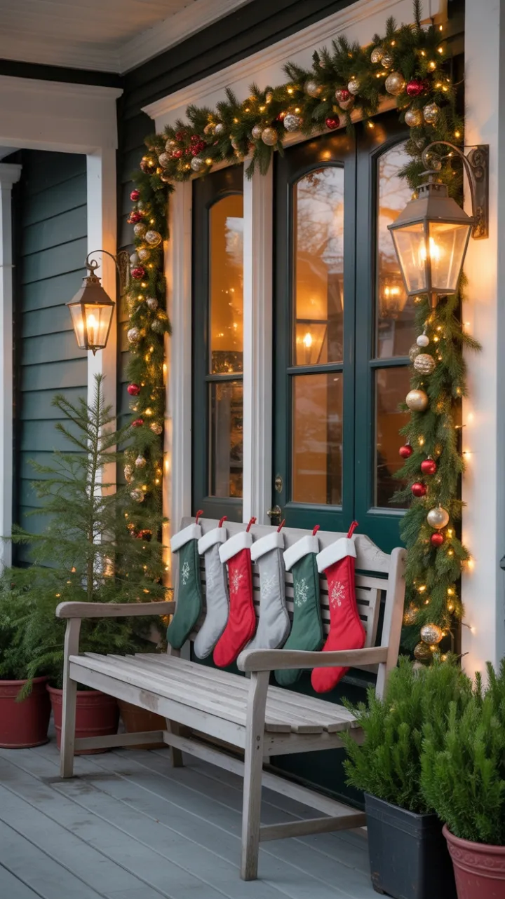 Warm Lantern Glow on a Stocking-Lined Christmas Porch