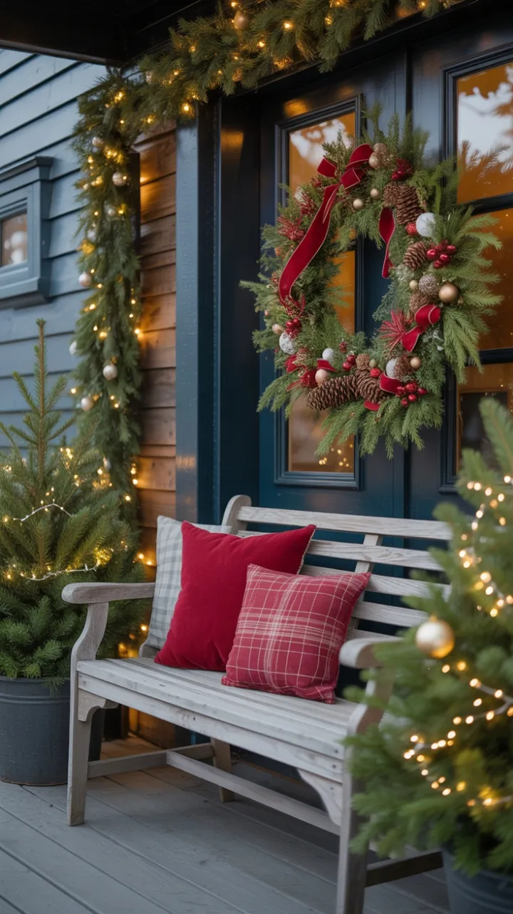 Dusk's Cozy Christmas Porch with Twinkling Evergreens