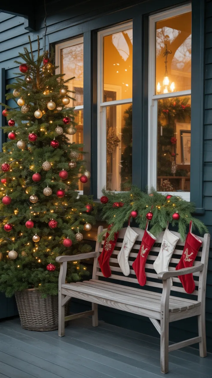 Twinkling Lights and Velvet Stockings on a Christmas Porch