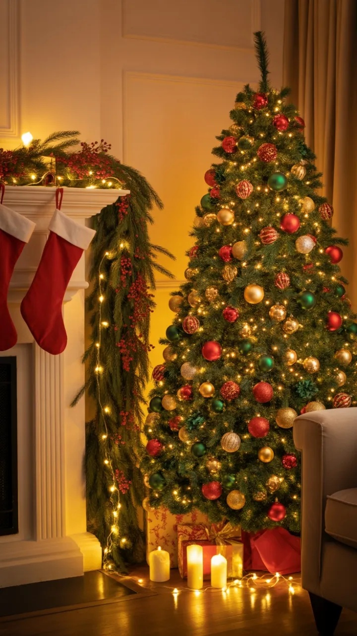 Twinkling Tree and Hearth in a Cozy Christmas Living Room