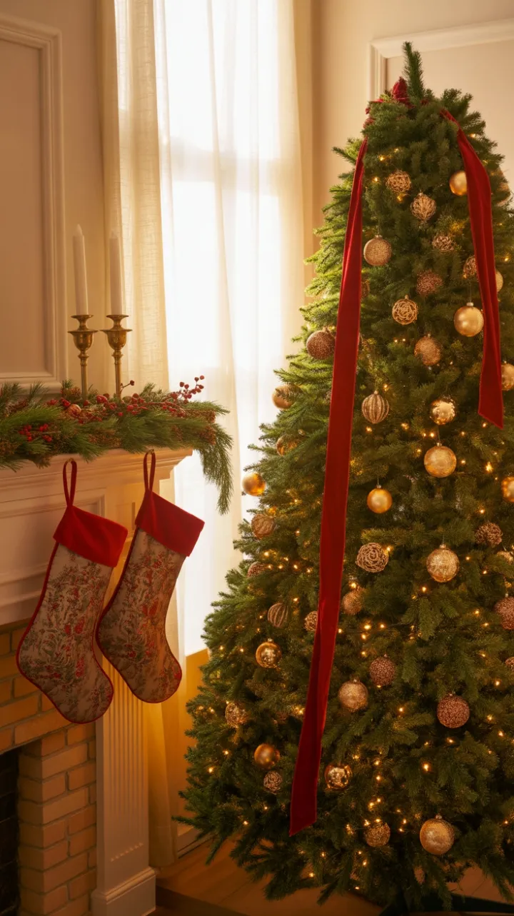 Velvet Ribbon and Antique Gold Ornaments – A Warm, Timeless Christmas