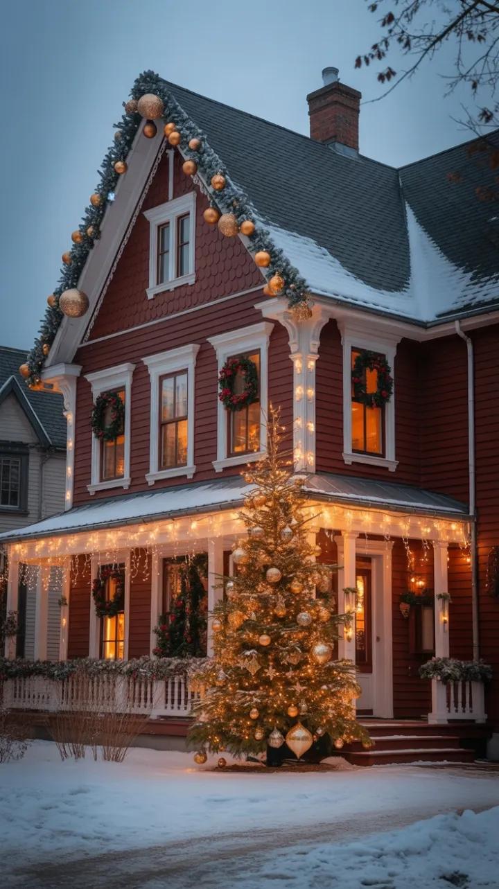 Victorian Red House Aglow in Christmas Light