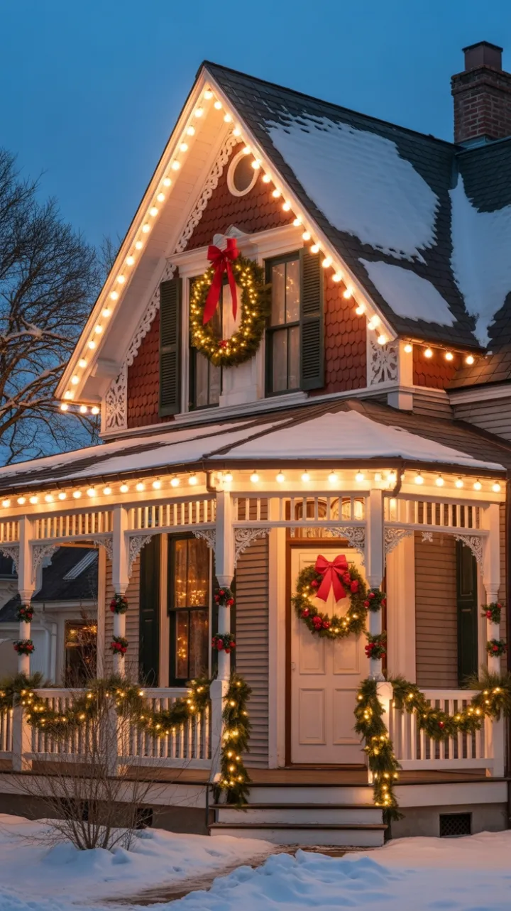 Victorian Holiday Glow on a Snow-Kissed Porch