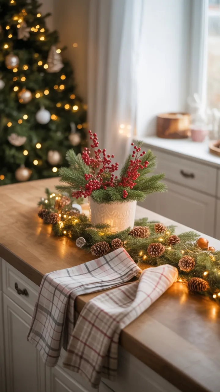 Golden-Hued Rustic Christmas Kitchen with Garland and Berries