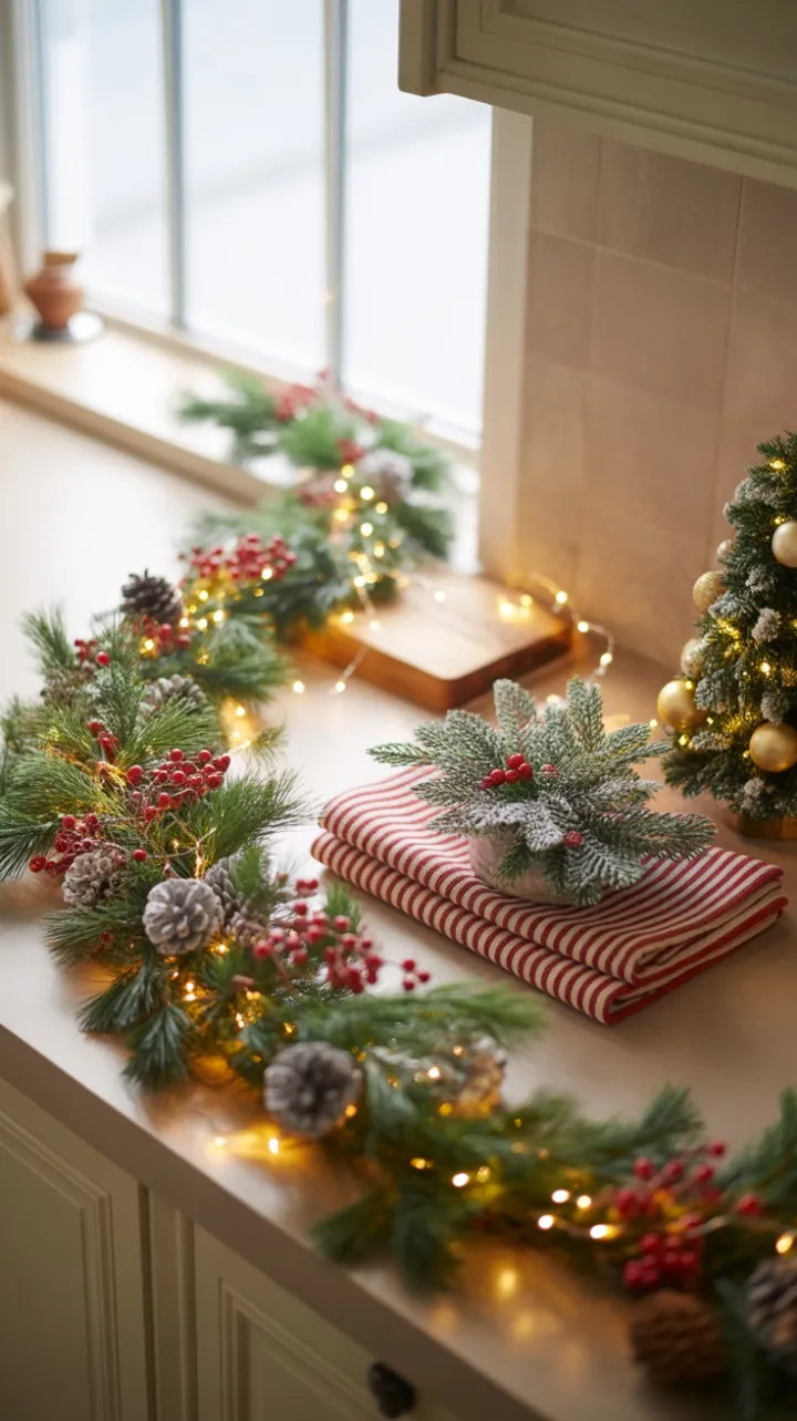 Sunlit Christmas Kitchen Dressed in Pine Garland and Twinkling Lights