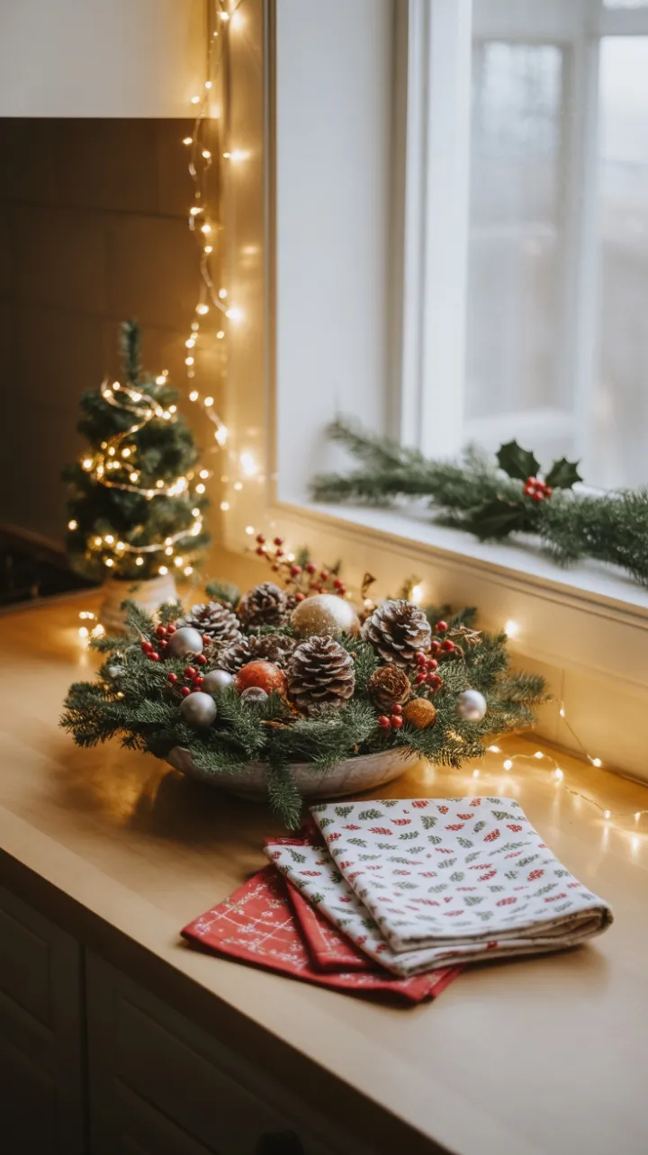 Warm Holiday Kitchen with Twinkling Lights and Pinecone Centerpiece