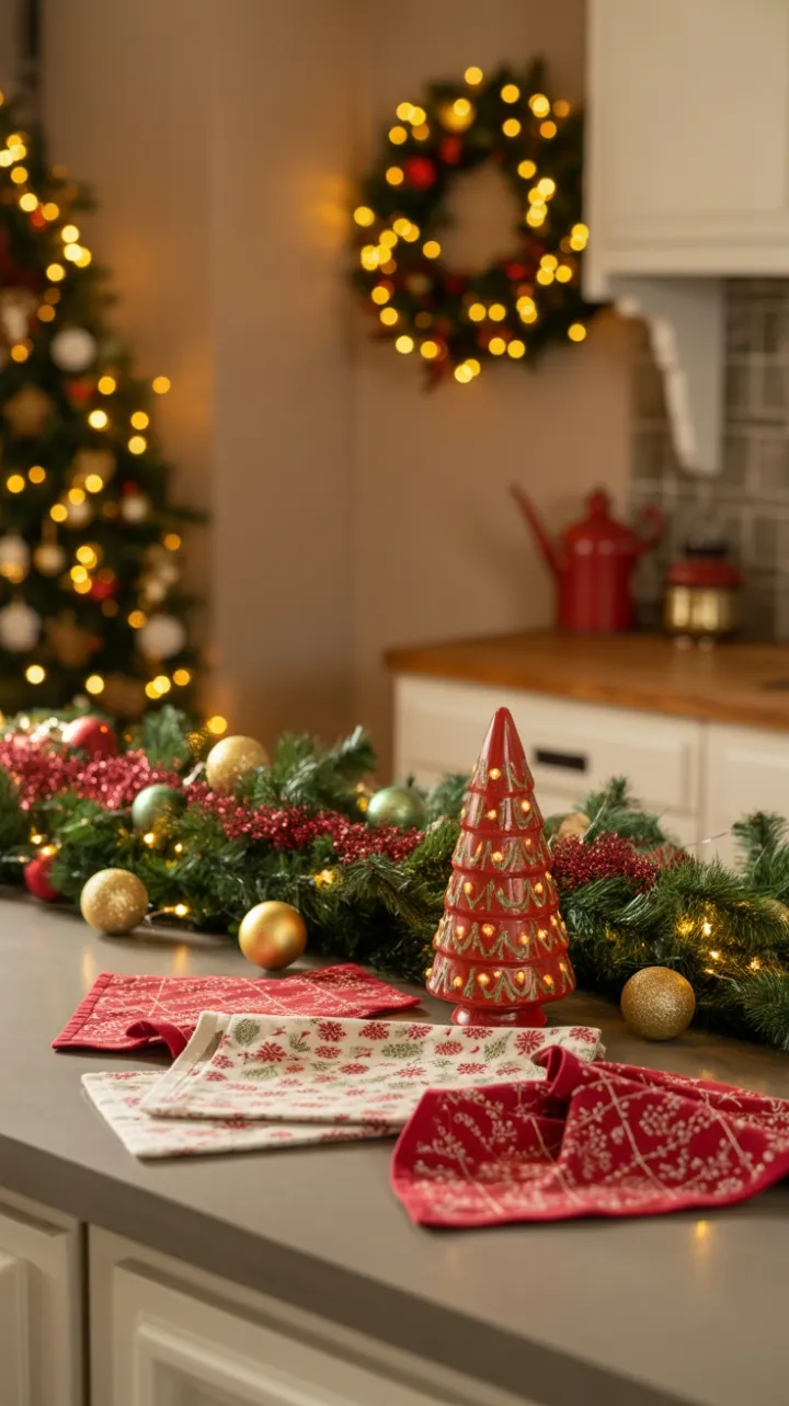 Warm Holiday Glow on a Garland-Kissed Kitchen Countertop