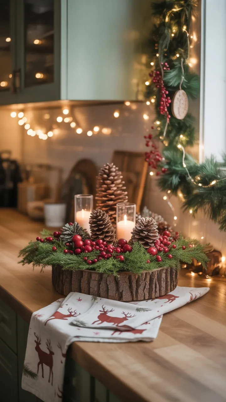 Rustic Christmas Countertop Warmed by Twinkling Lights