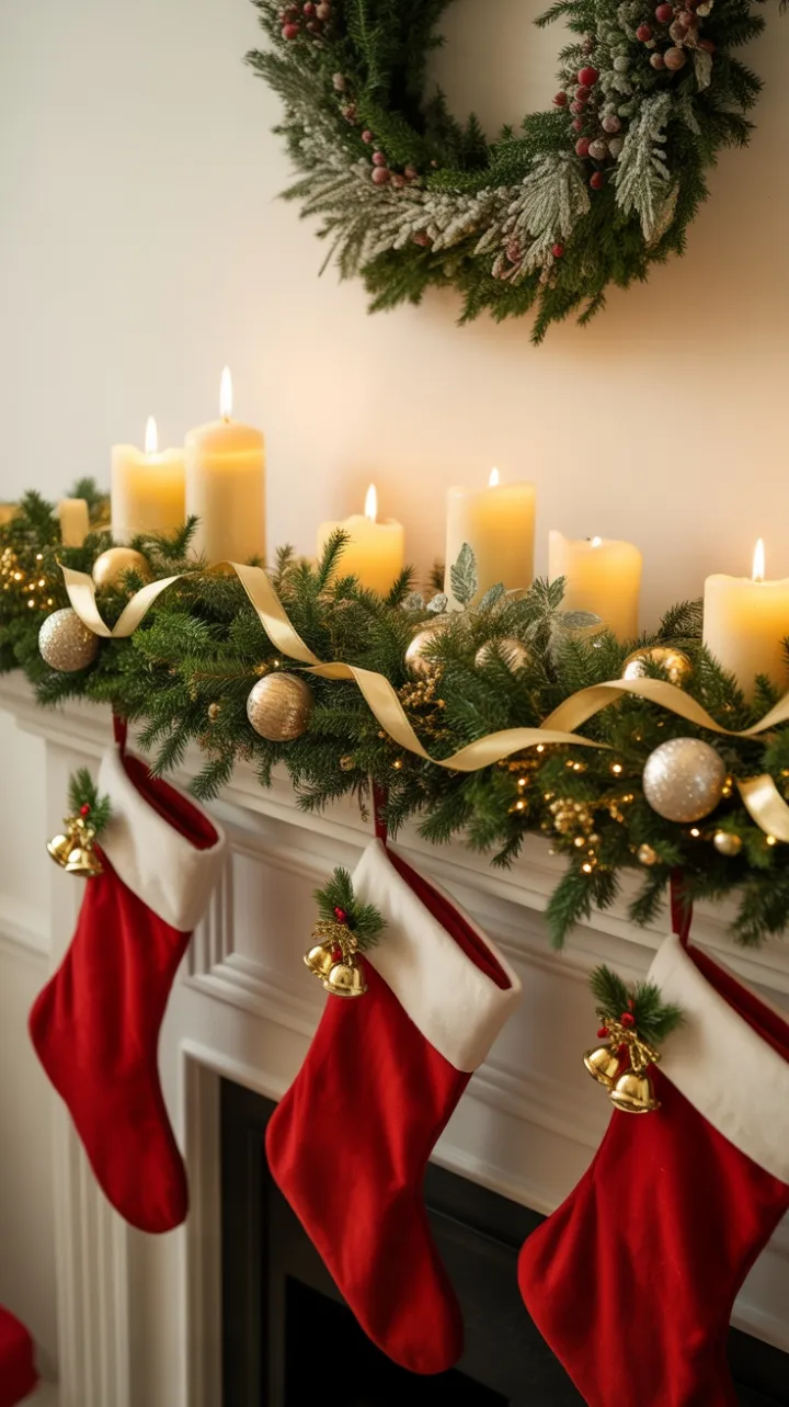 Gilded Garland and Velvet Stockings on a Cozy Candlelit Christmas Mantel