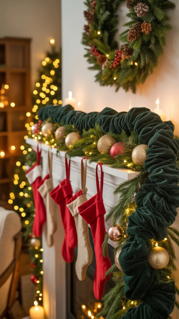 Velvet Garland and Golden Glow on a Cozy Christmas Mantel