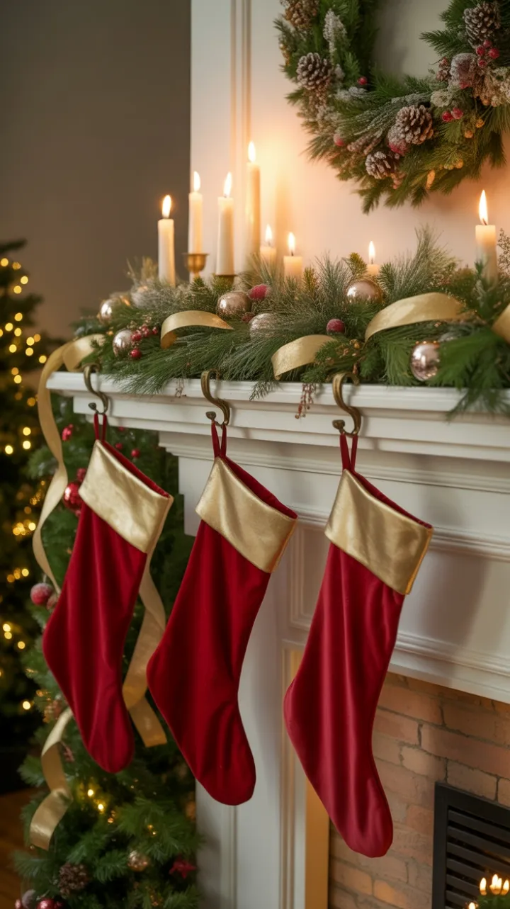 Candlelit Christmas Mantel Dressed in Crimson Velvet and Gold