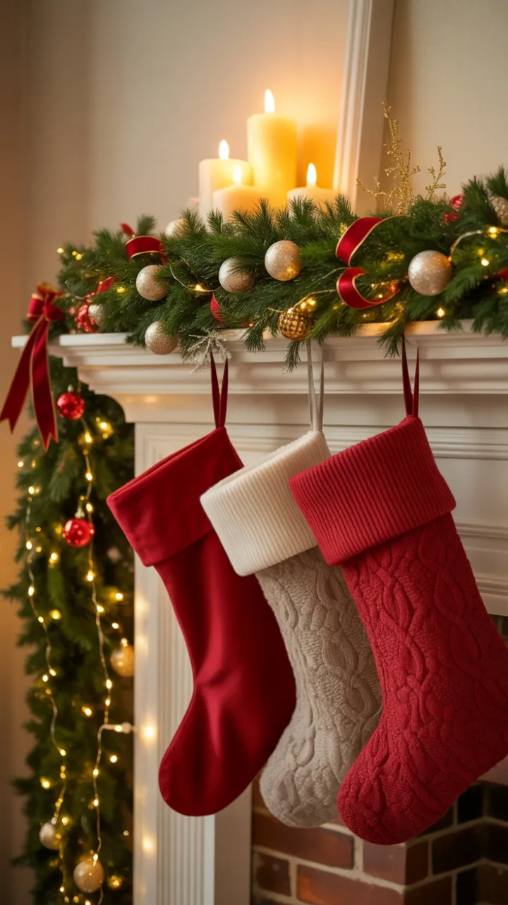 Candlelit Christmas Mantel Draped in Emerald Garland and Crimson Ribbons