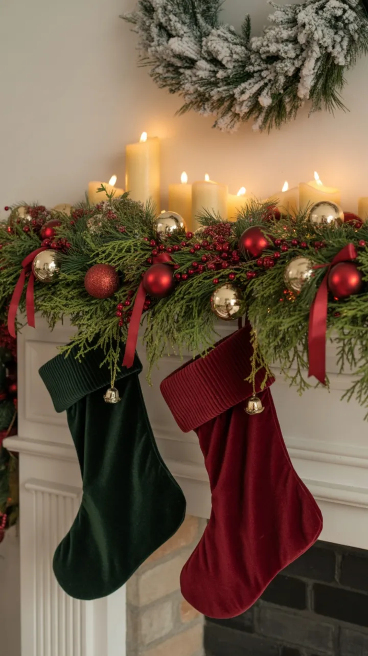 Candlelit Hearth with Velvet Stockings and Golden Garland